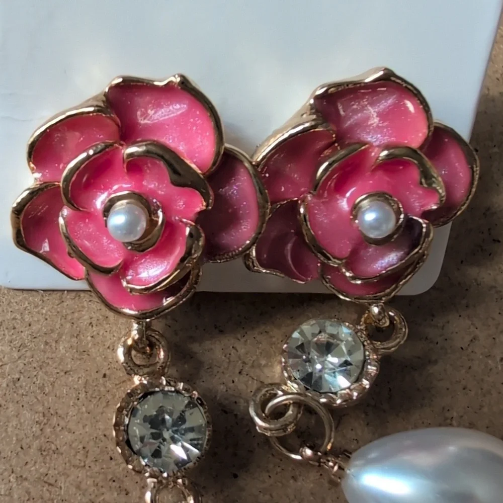 Elegant Pink Floral Pearl Drop Earrings